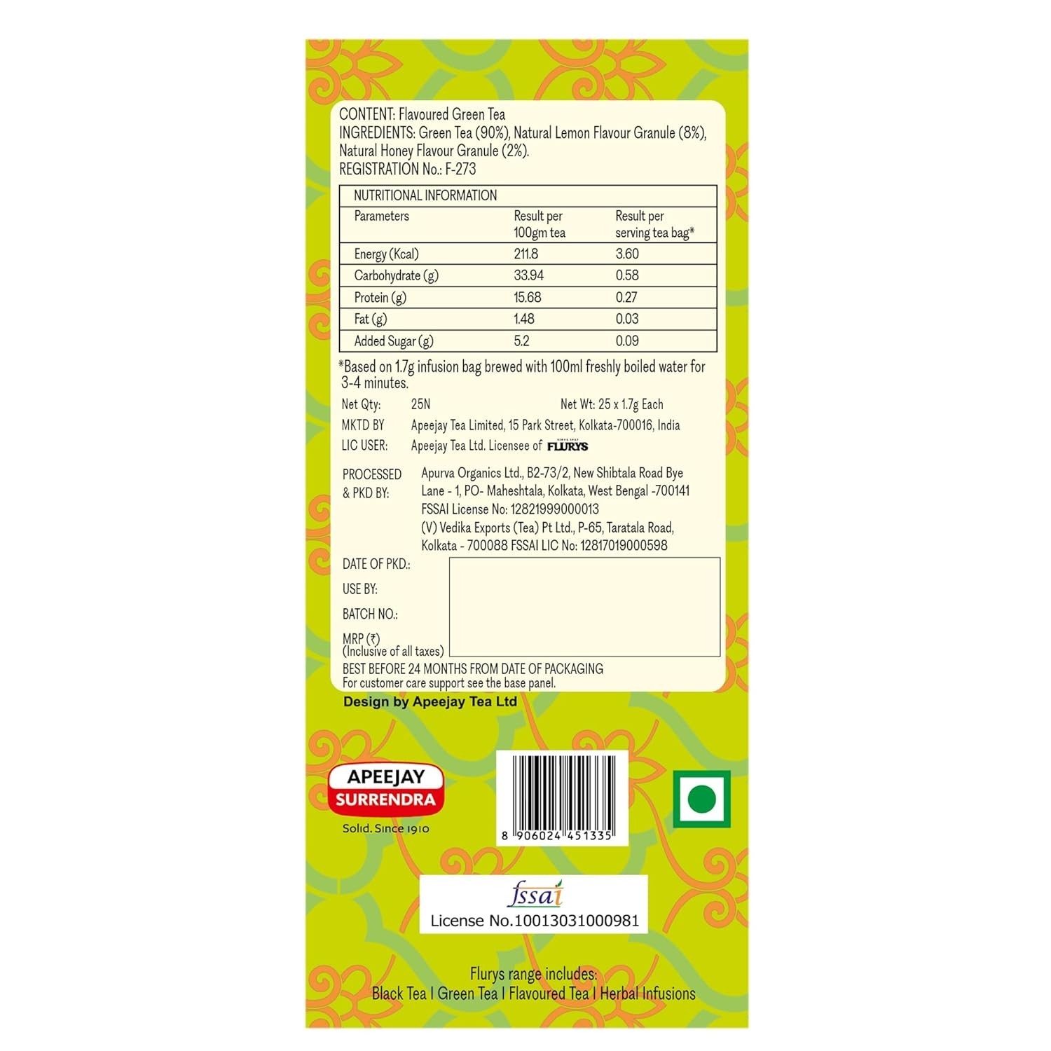 Ty-phoo Flurys Natural Cleansing Green Tea Honey & Lemon,25 Tea Bags,42.5 Grams