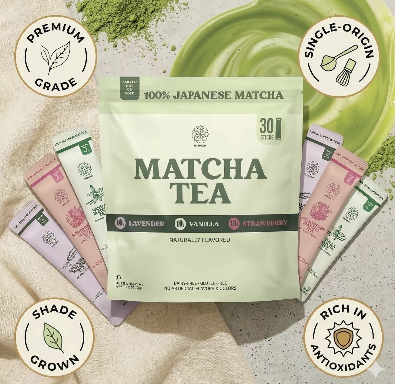 Matcha Variety Pack Lavender Strawberry Vanilla 30 Sticks Organic Japanese