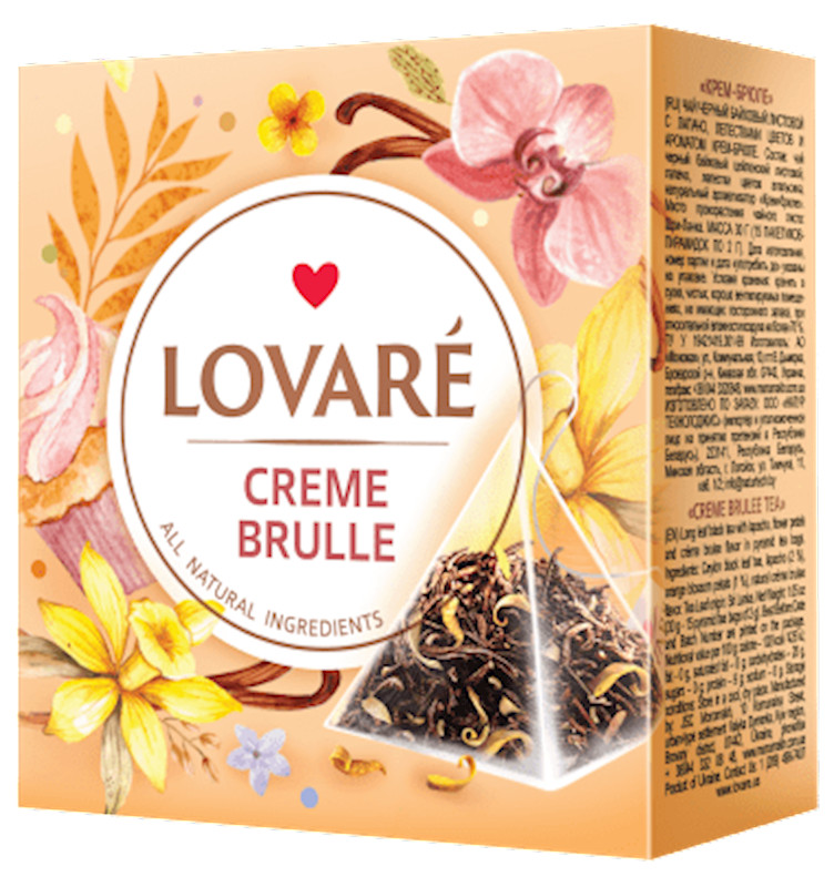 LOVARE Black Tea w Lapacho Flower petals CREME BRULEE 15 Pyramids Made UKRAIN