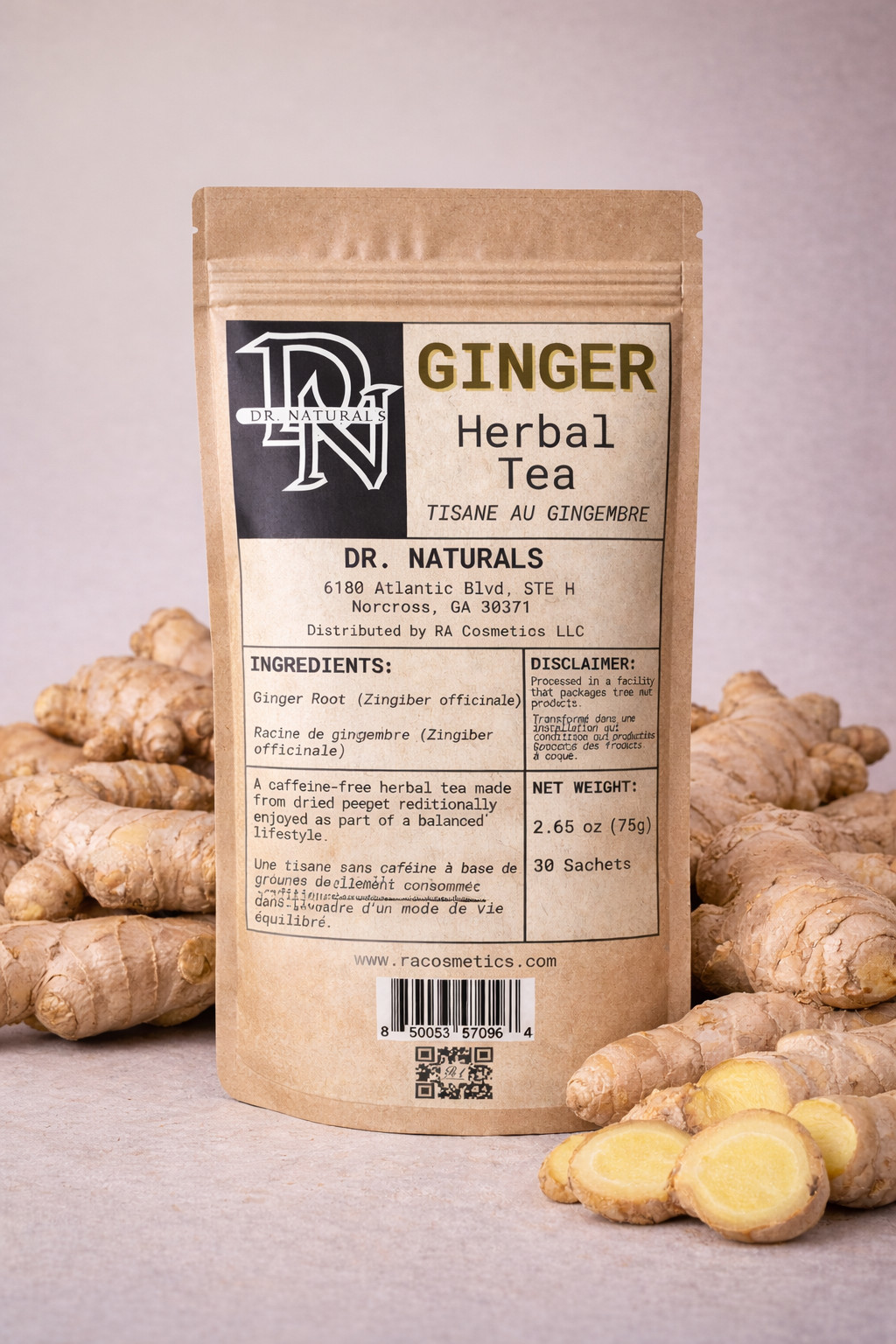 RA Cosmetics – Ginger Herbal Tea – 2.65oz (30 Sachets) Caffeine Free