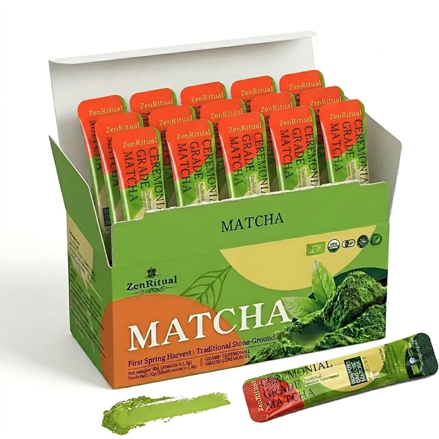 Organic Matcha Sticks, Ceremonial Grade Matcha Green Tea Powder, 20 Single Se…