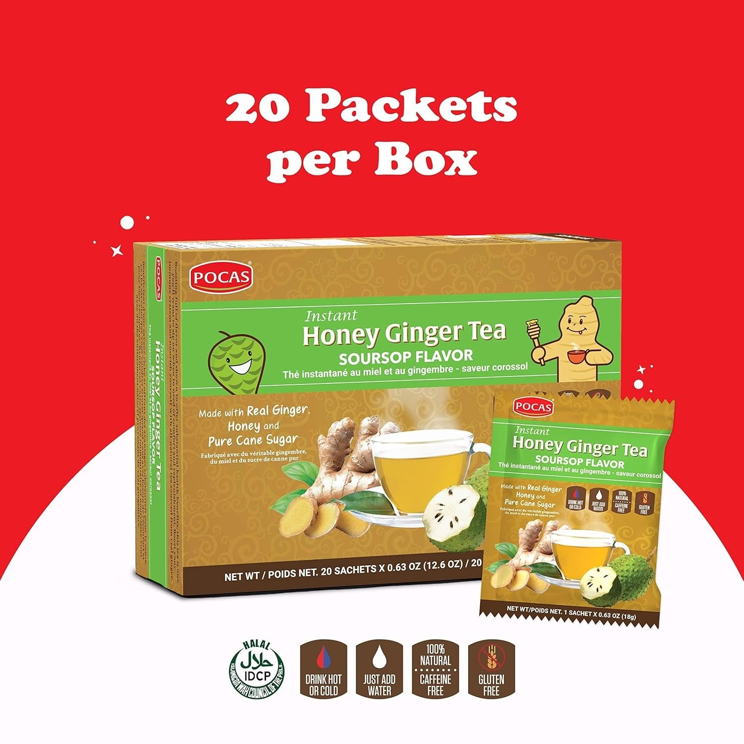 Pocas Honey Ginger Instant Tea Powder, Soursop Flavor, Real Ginger Extract & Swe