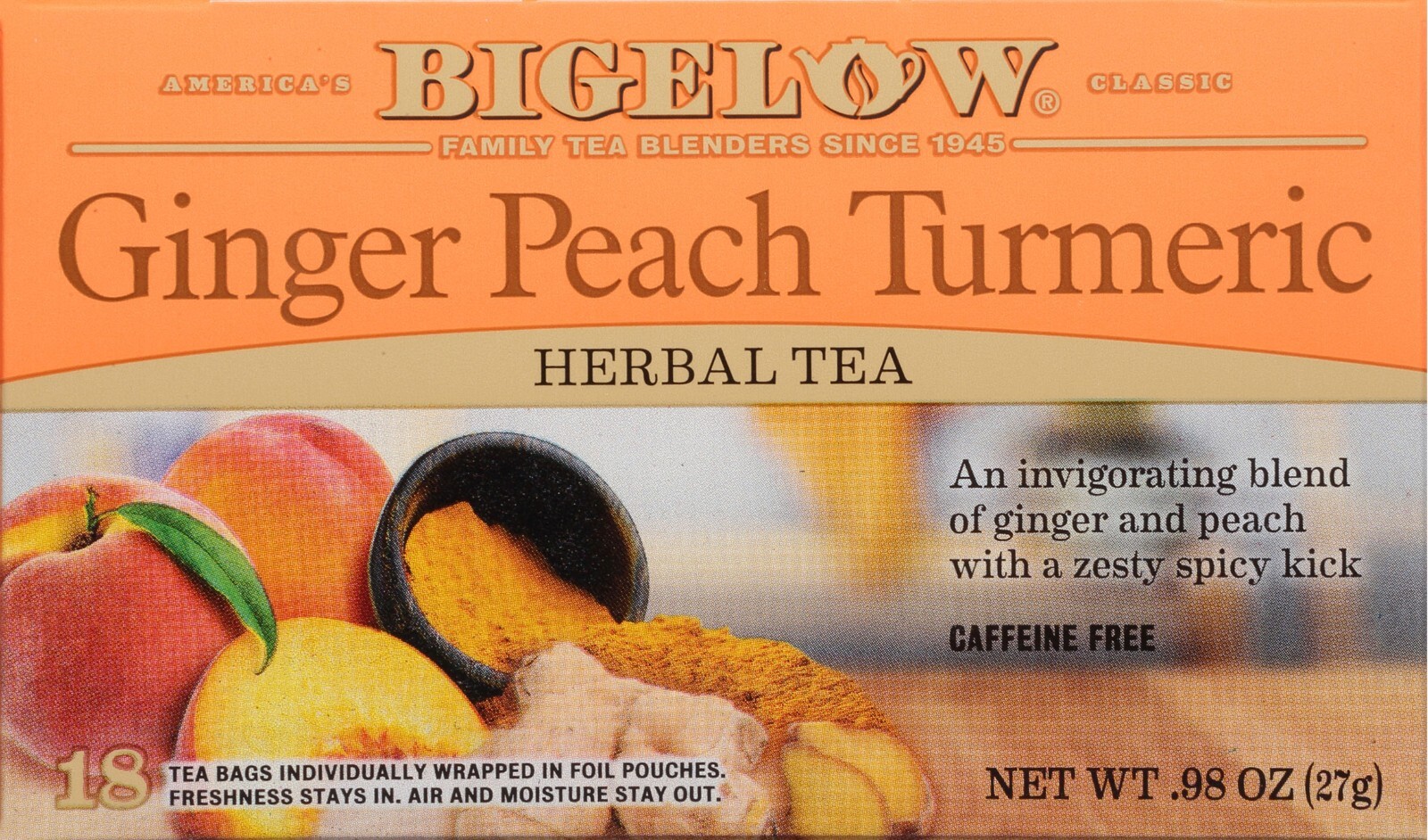 Bigelow Ginger Peach Turmeric Herbal Tea – 18 tea bags