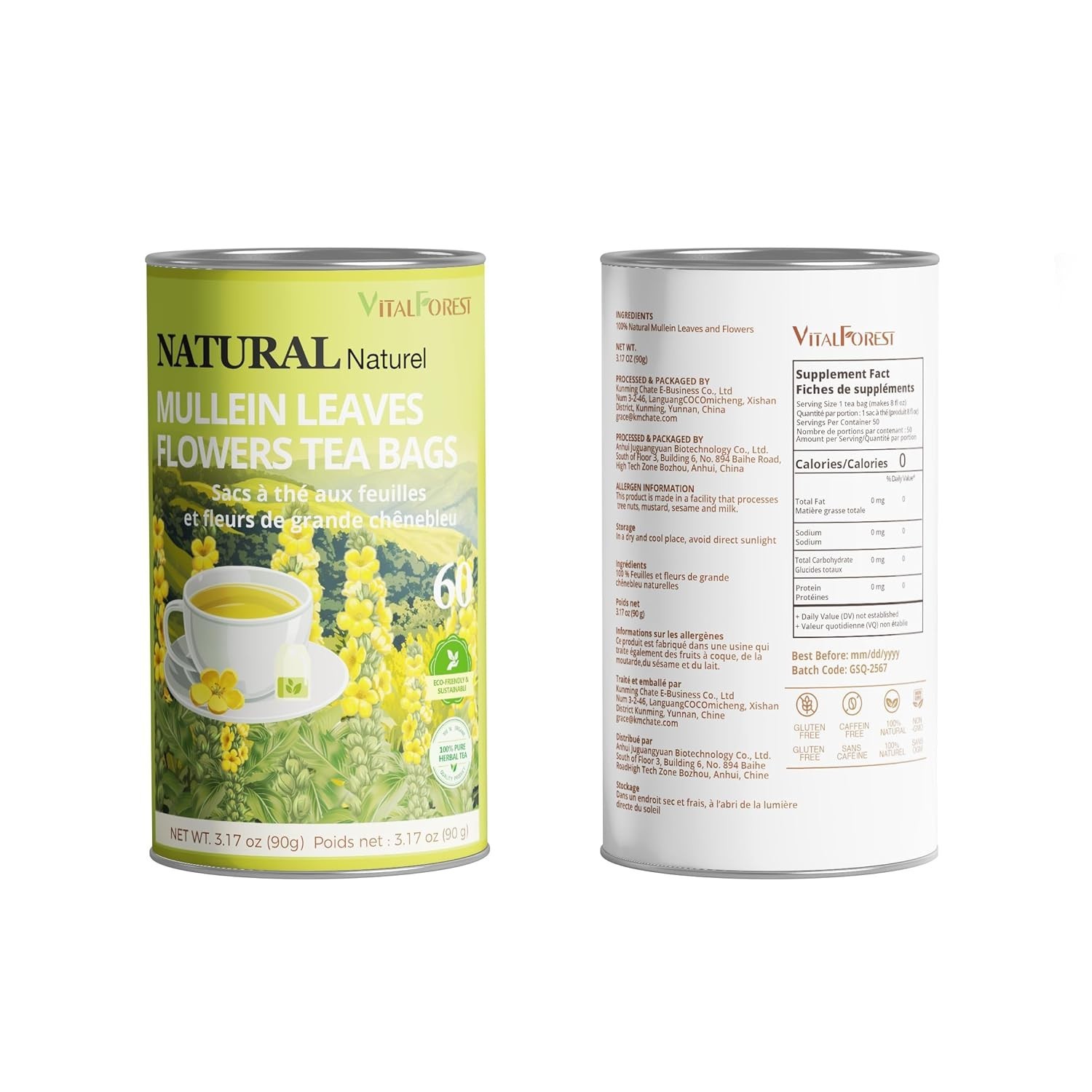60 Mullein Leaf Tea Bags for Lungs, VitalForest 100% Pure Mullein Mullins Detox
