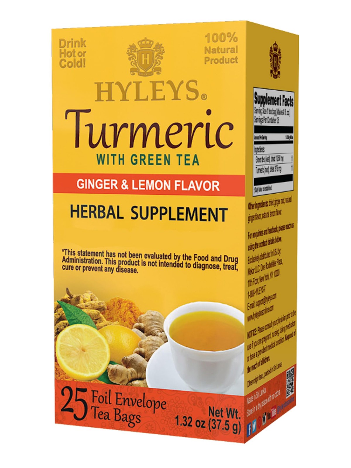 Hyleys Turmeric with Green Tea Ginger & Lemon Flavor 25 Bags