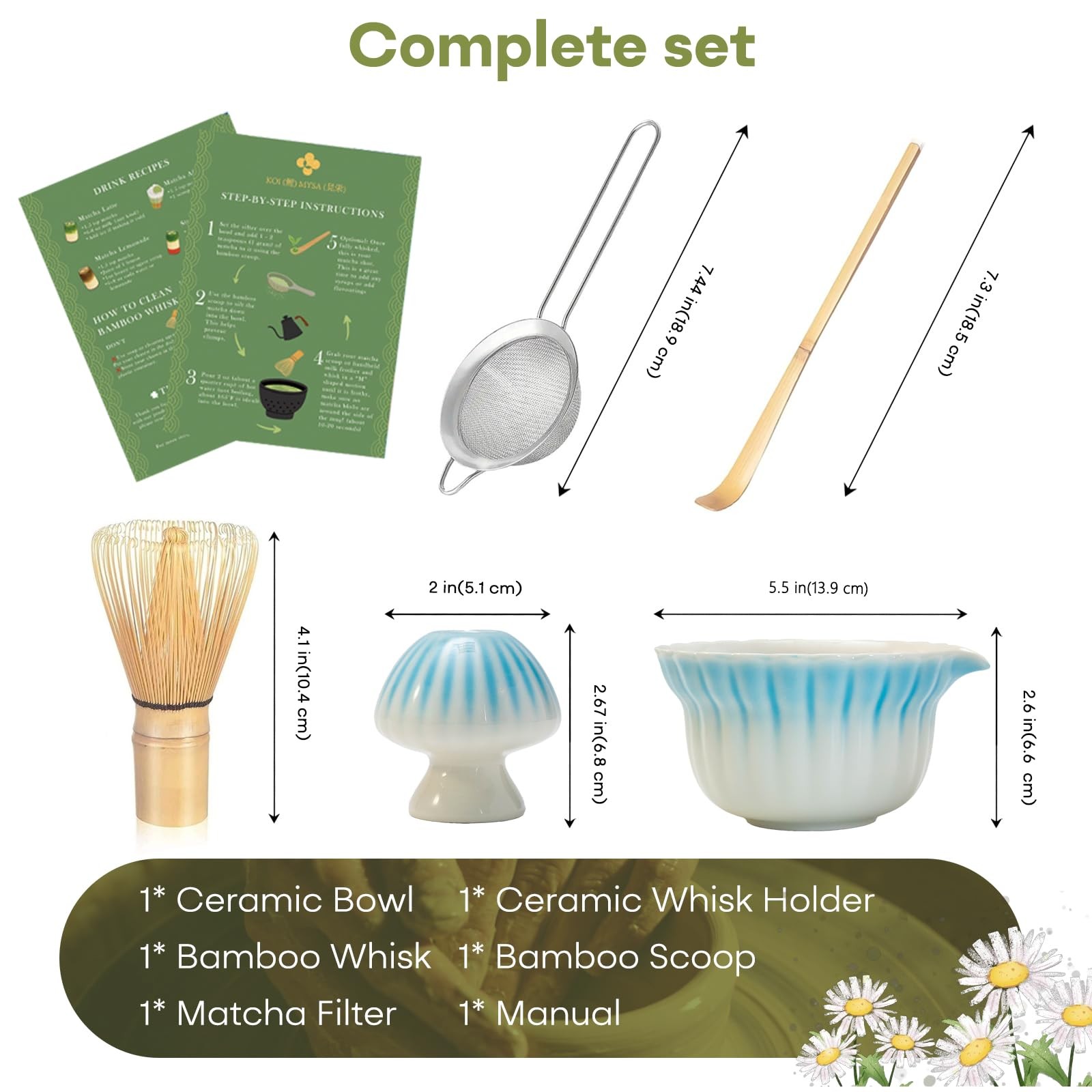 Matcha Set, 5Pcs Ceramic Matcha Set including Daisy Matcha Bowl and Mushroom …