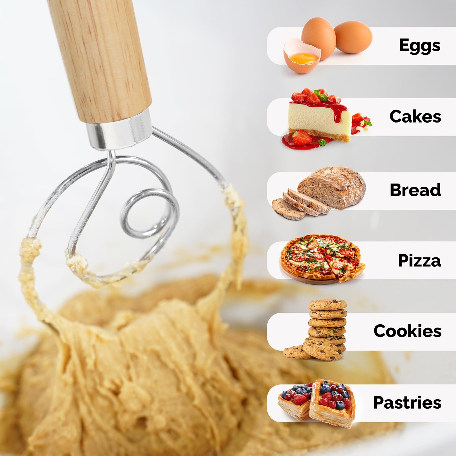 Zulay Kitchen 13-Inch Danish Dough Whisk – 1 Pack, Rubberwood – Single Eye