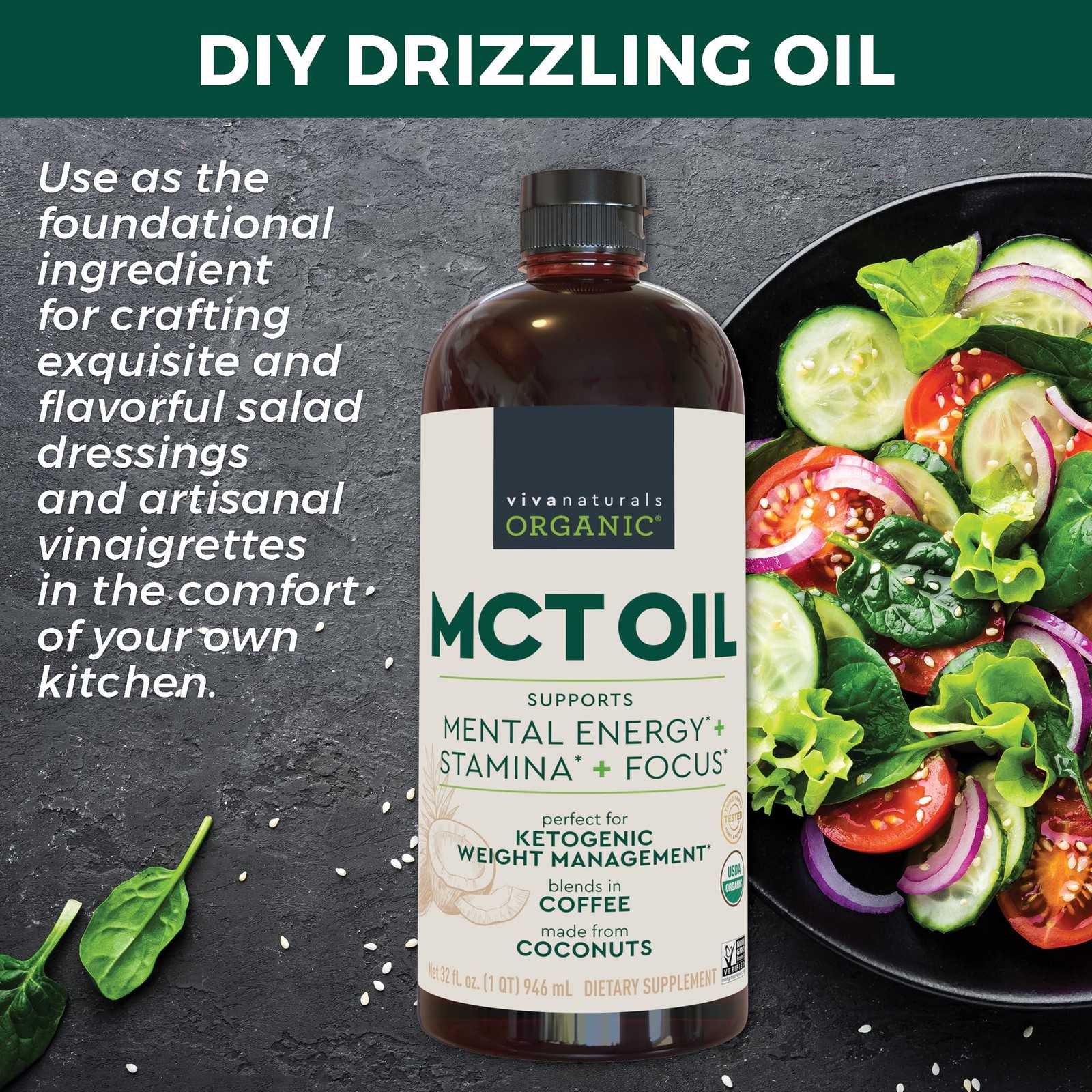 Viva Naturals Organic MCT Oil, 32 fl oz – 32 Fl Oz (Pack of 1), Coconut