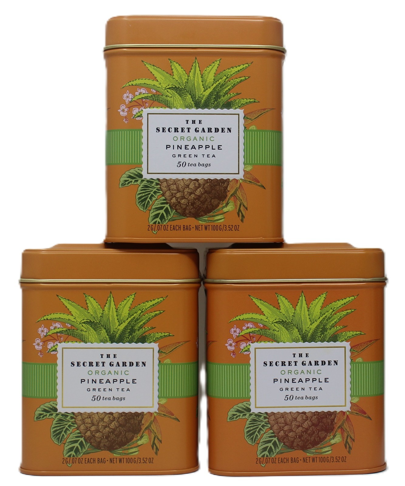 x3 Organic Pineapple Green Tea Secret Garden 50 ea Tea Bags Reusable Tin New