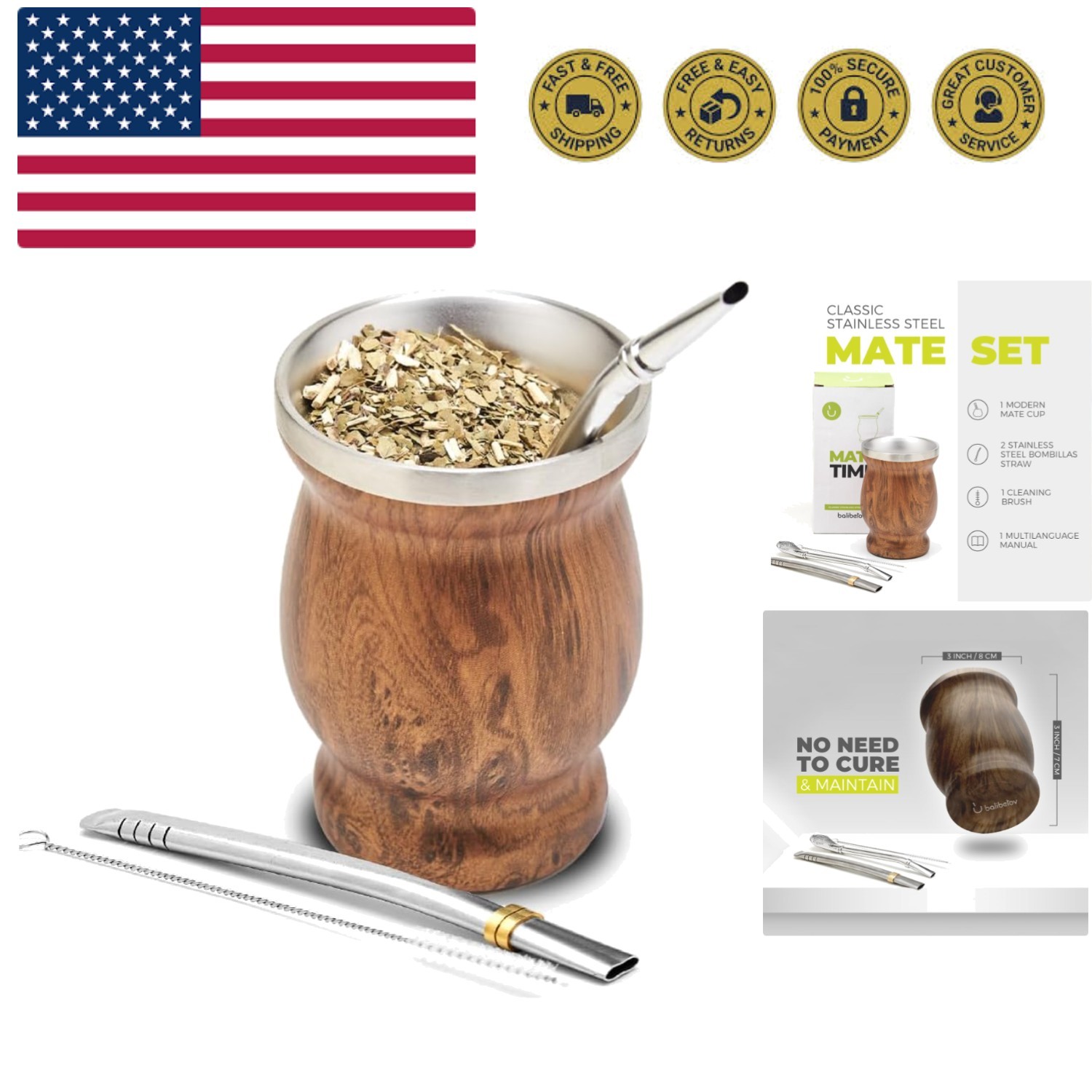 Stainless Steel Double-Wall Mate Cup And Bombilla Set – Yerba Mate set Includ…