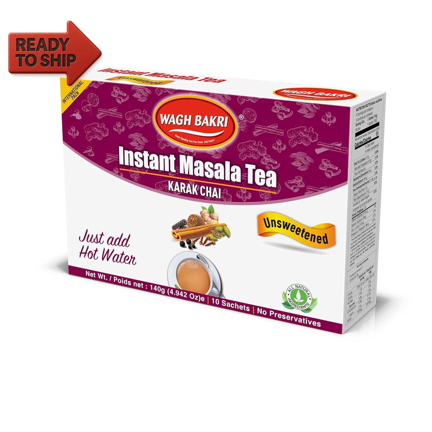 Wagh Bakri Instant Masala Tea, Unsweetened No Sugar Added, Karak Chai – 140Gram