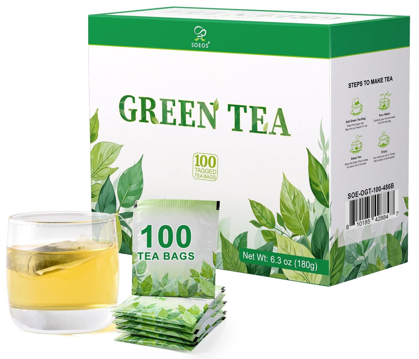 Soeos Green Tea, 6.3 oz (180g), 100 Tea Bags, 100 Count (Pack of 1)