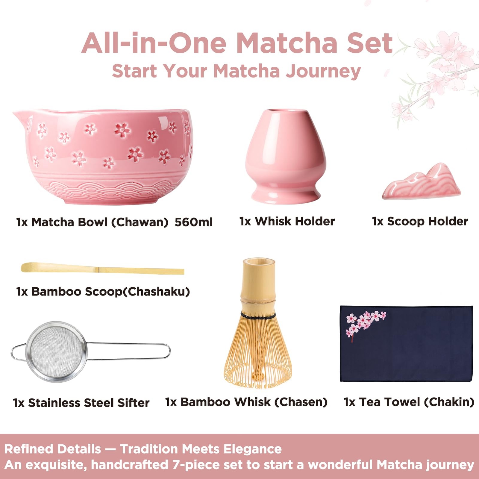 7 PCS Pink Matcha Whisk Set Ceremony Tea Kit With Bowl Holder Latte Spout
