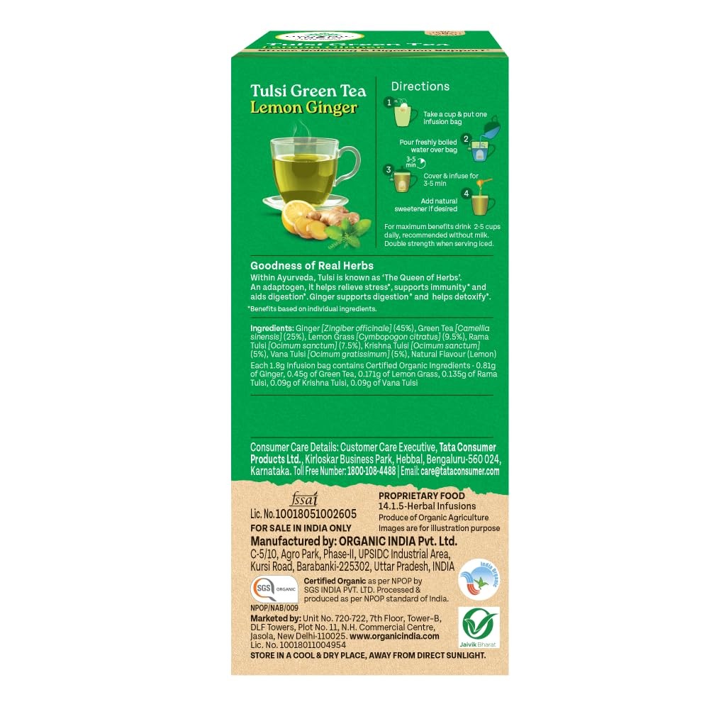 Organic India Tulsi Green Tea Lemon Ginger 25 Tea Bags | Supports Digestion
