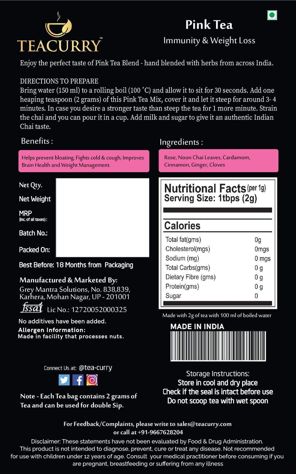 TEACURRY Kashmiri Noon Chai Pink Tea 75g | Herbal Wellness