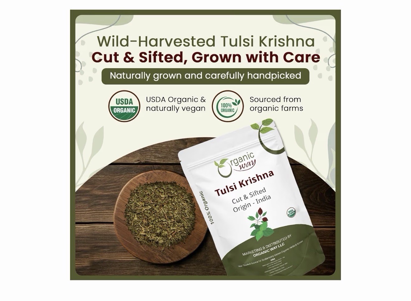 Organic Way Tulsi Krishna Tulsi Herbal Tea Loose Leaf 16 oz USDA Organic Vegan