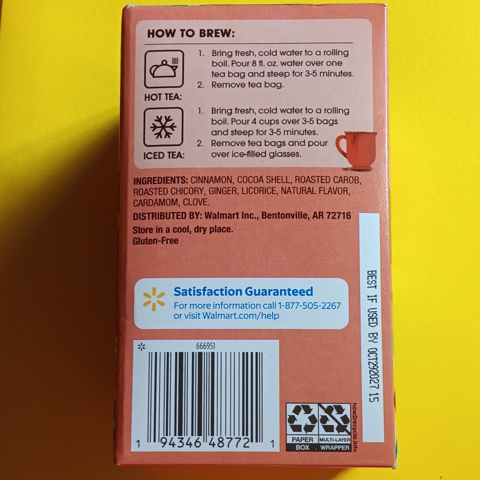 Great Value Chocolate Chai Herbal Tea Bags 20ct 1.55oz Exp 10/29/2027