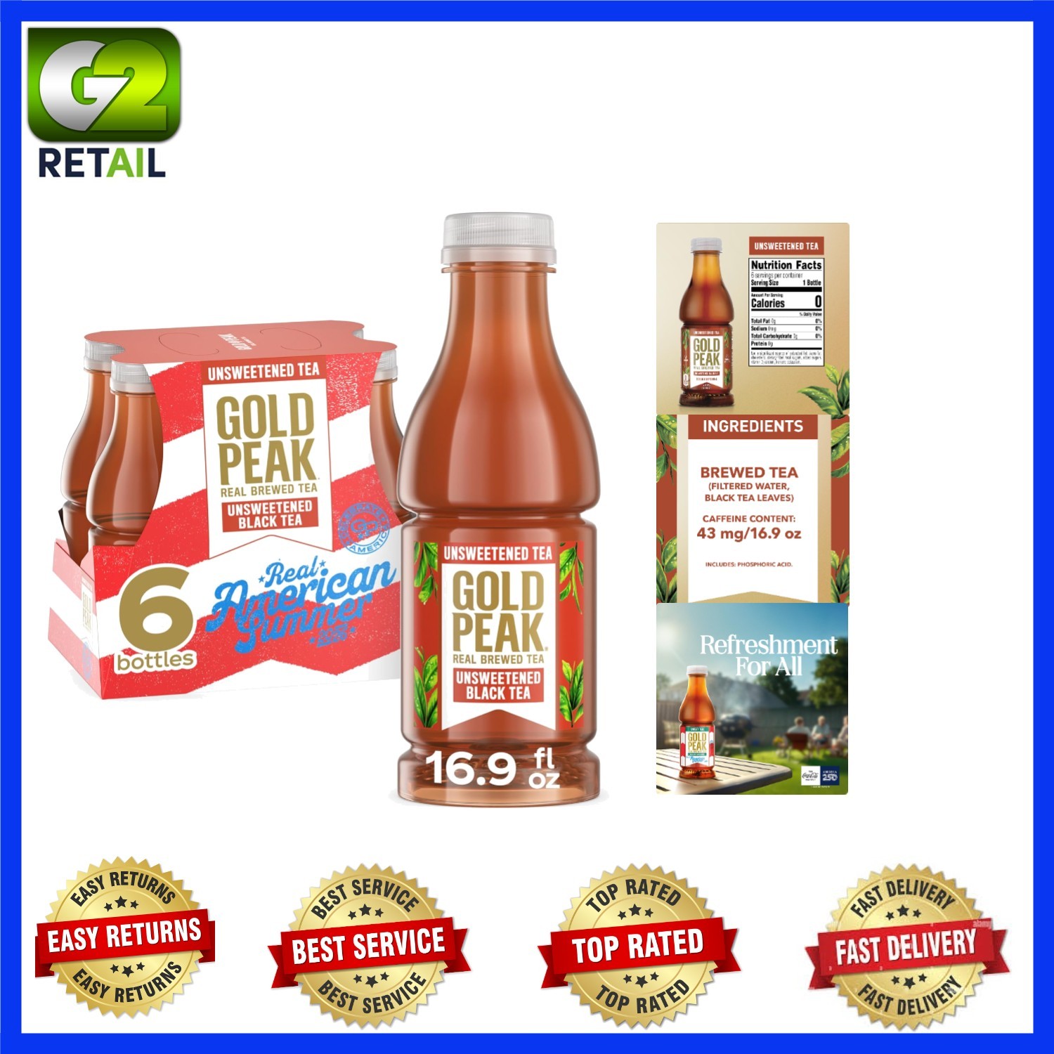 Refreshing Unsweetened Black Tea, 6-Pack of 16.9 Fl Oz Bottles for Hydration