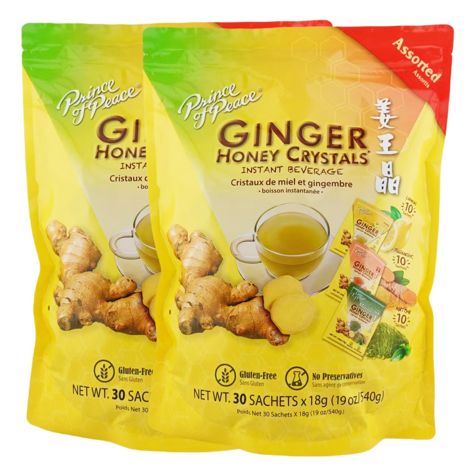 Pack of 2 Assorted Ginger Tea Instant Ginger Honey Crystals, 30 Sachets