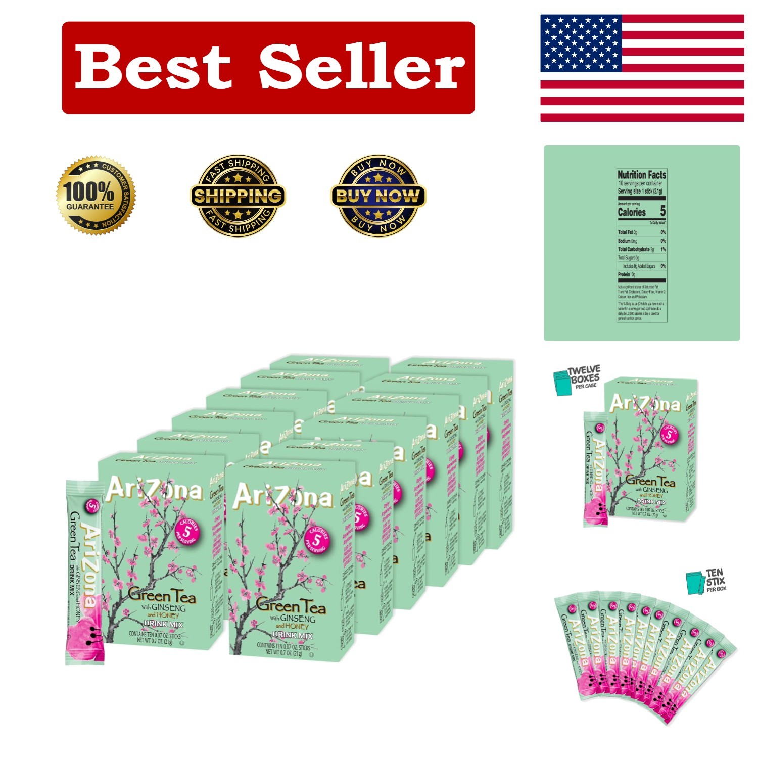 AriZona Green Tea with Ginseng and Honey – On-the-Go 10ct boxes (Pack of 12)