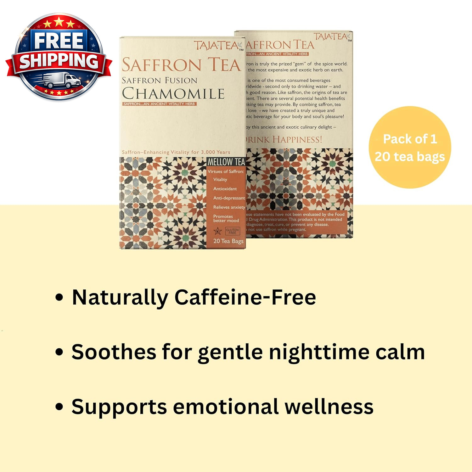 Taja Saffron Tea – Saffron Fusion Chamomile Tea, Mellow Blend for Emotional Well