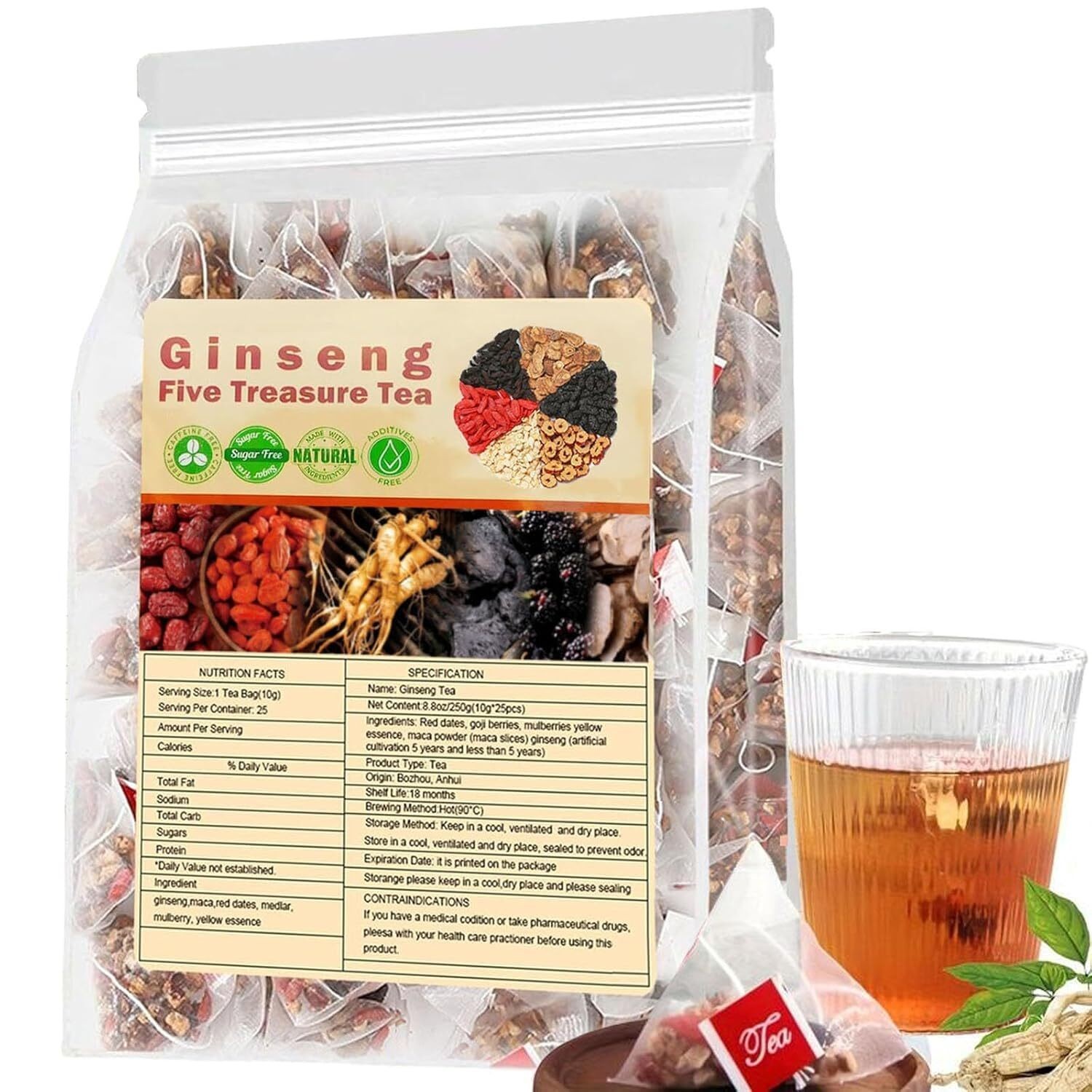 Ginseng Five Treasure Tea Kidney Support Red Date Herbal Blend