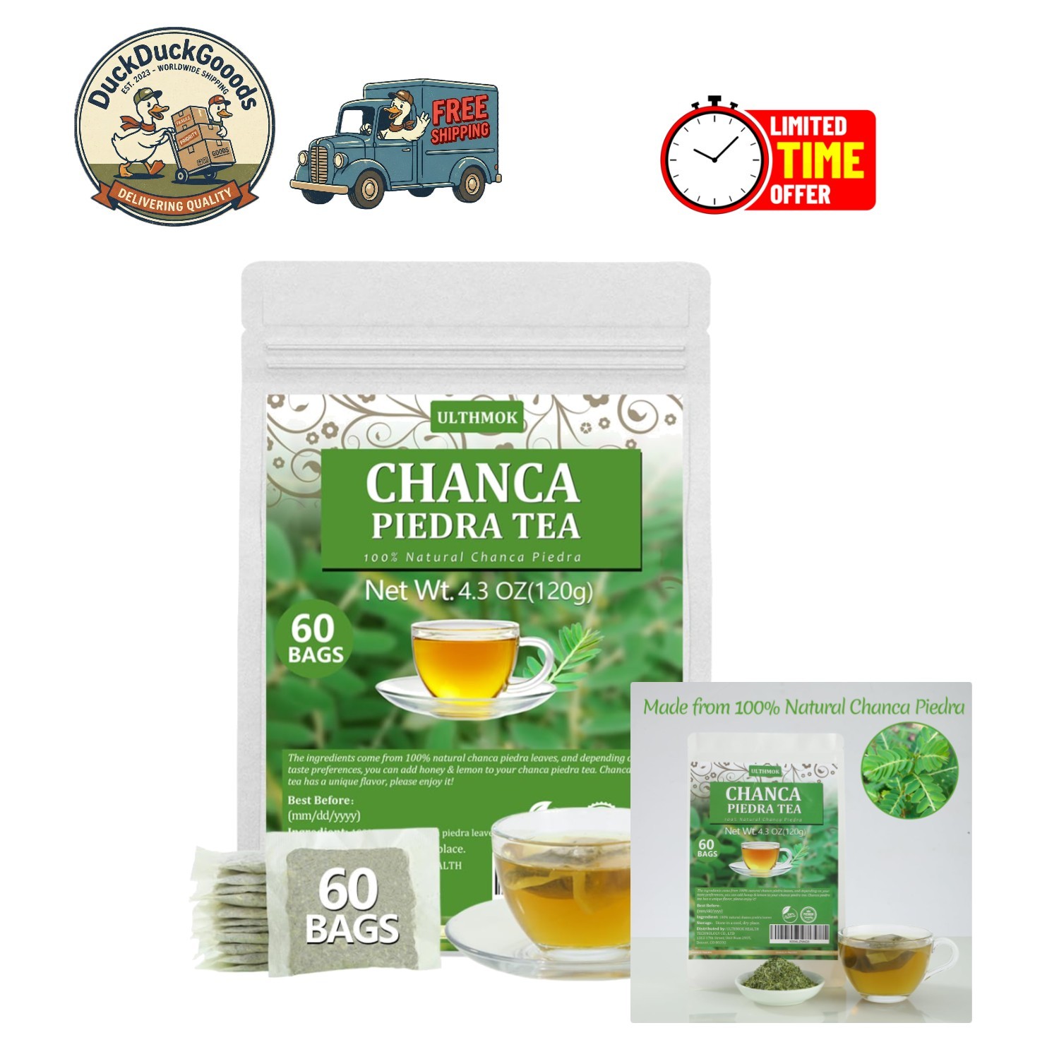 Herbal Chanca Piedra Tea – 60 Bags, Soothing Taste, 100% Pure & Natural