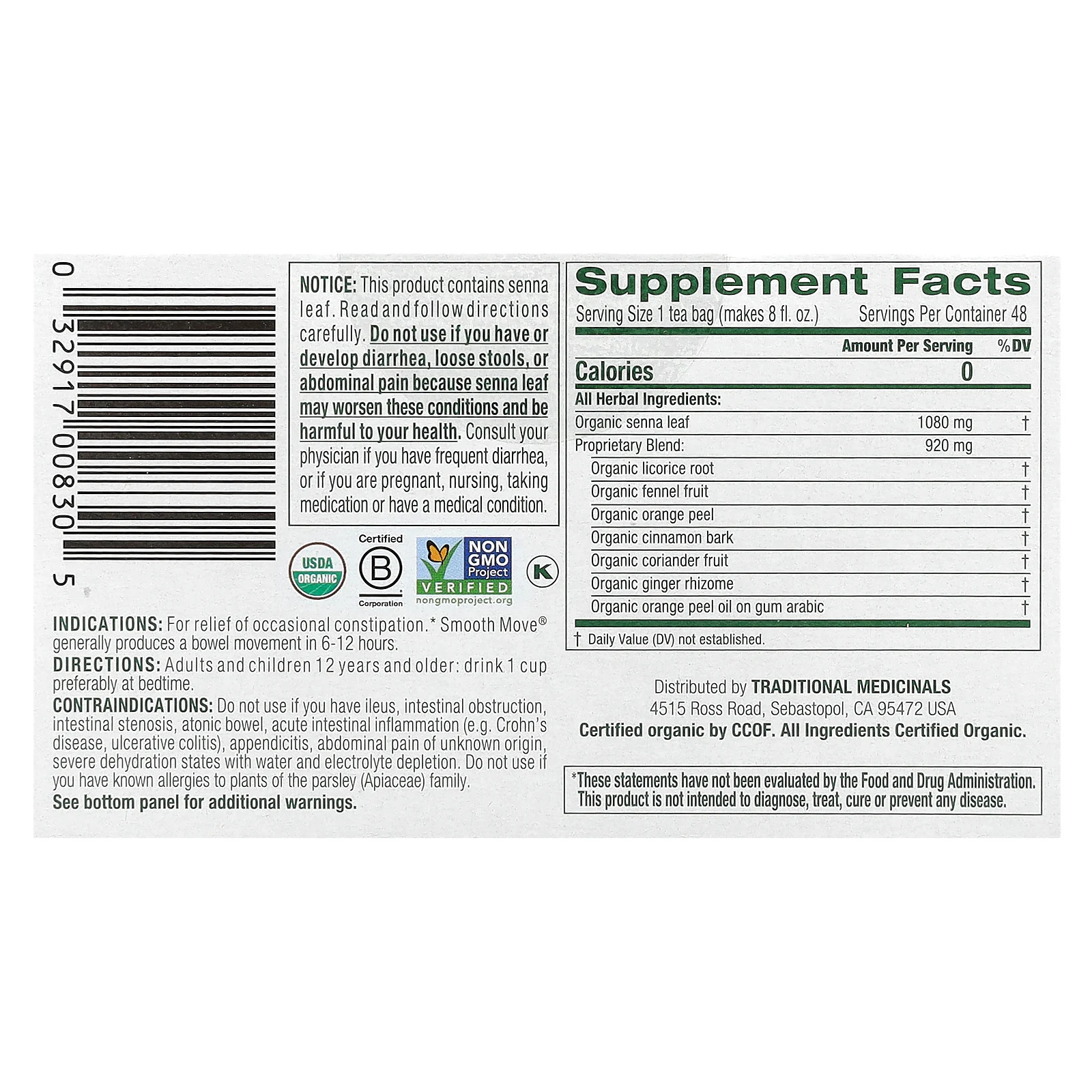 Organic Smooth Move, Caffeine Free, 48 Wrapped Tea Bags, 3.38 oz (96 g)