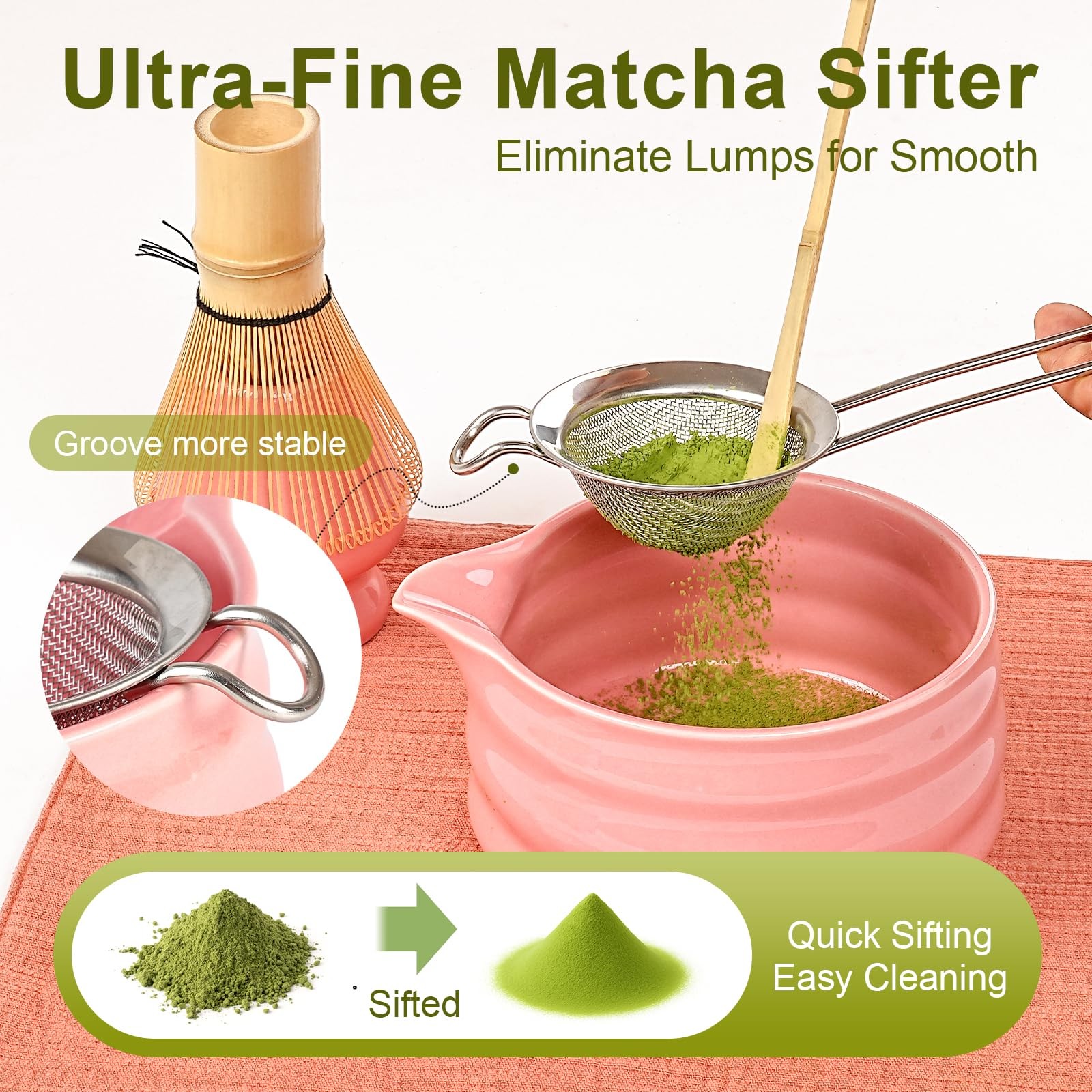 Matcha Set 7Pcs with 18oz Pink Glaze Bowl, Bamboo Whisk & Sifter – Elegant Tea