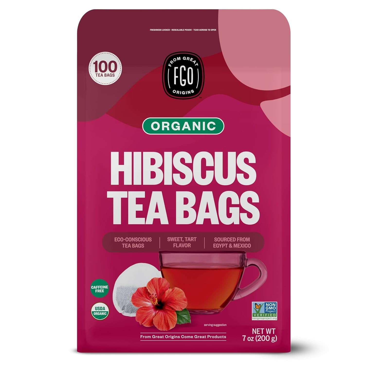 Organic Hibiscus Tea, 100 Count, Eco-Conscious Tea Bags, Caffeine Free, Packa…