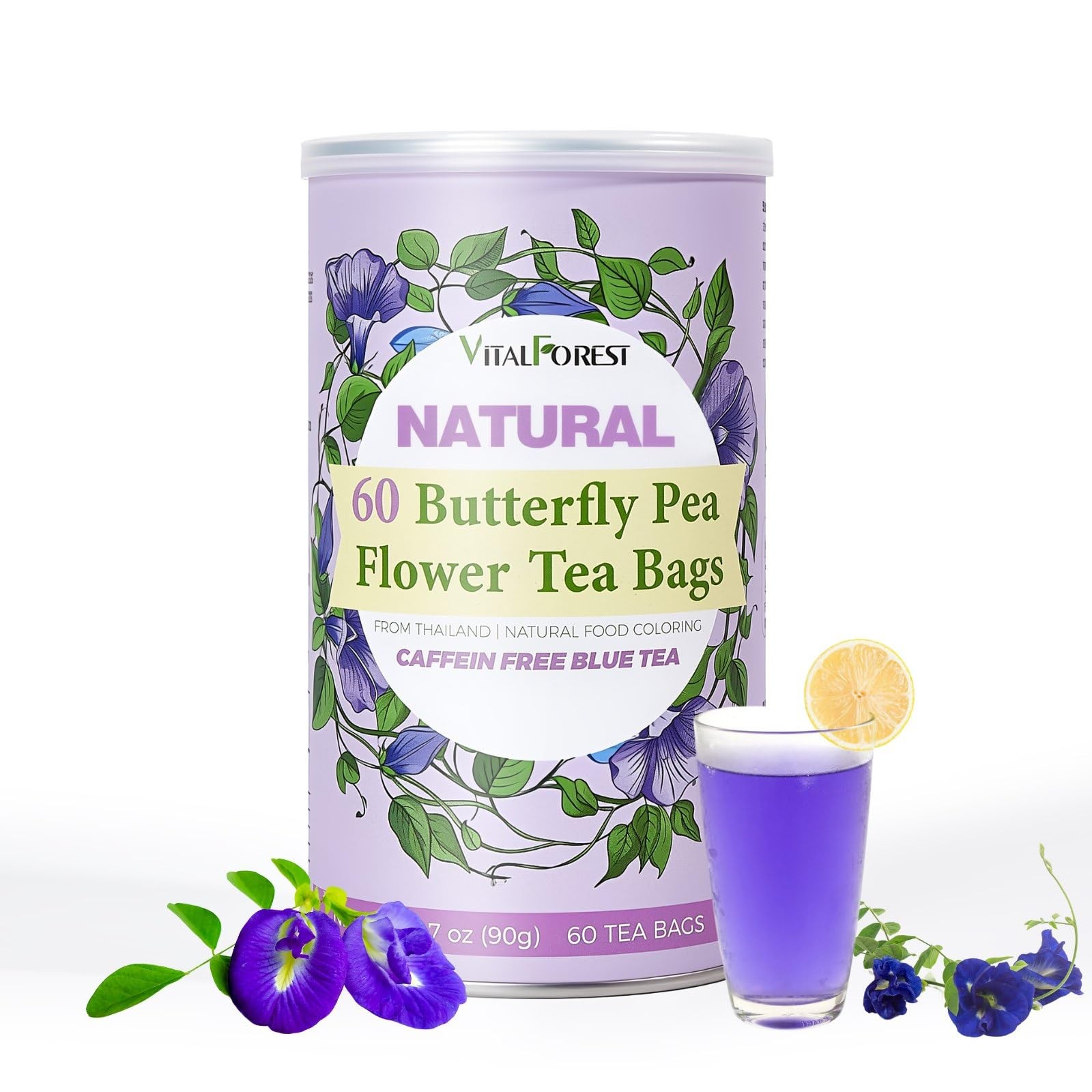 60 Dried Butterfly Pea Flower Tea Bags, Butterfly Blue Pea Flower Tea, Premiu…