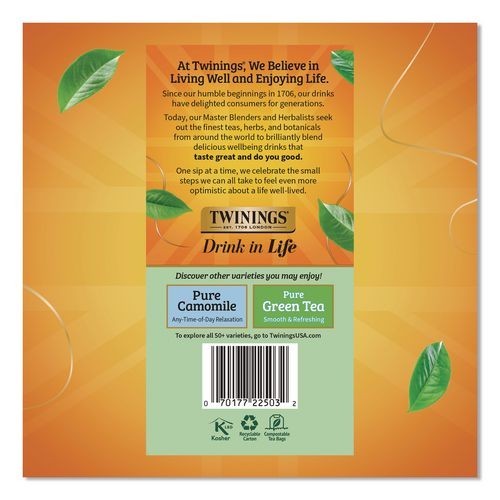TWININGS Tea Bags, Pure Peppermint, 0.07 oz Tea Bag, 50/Box