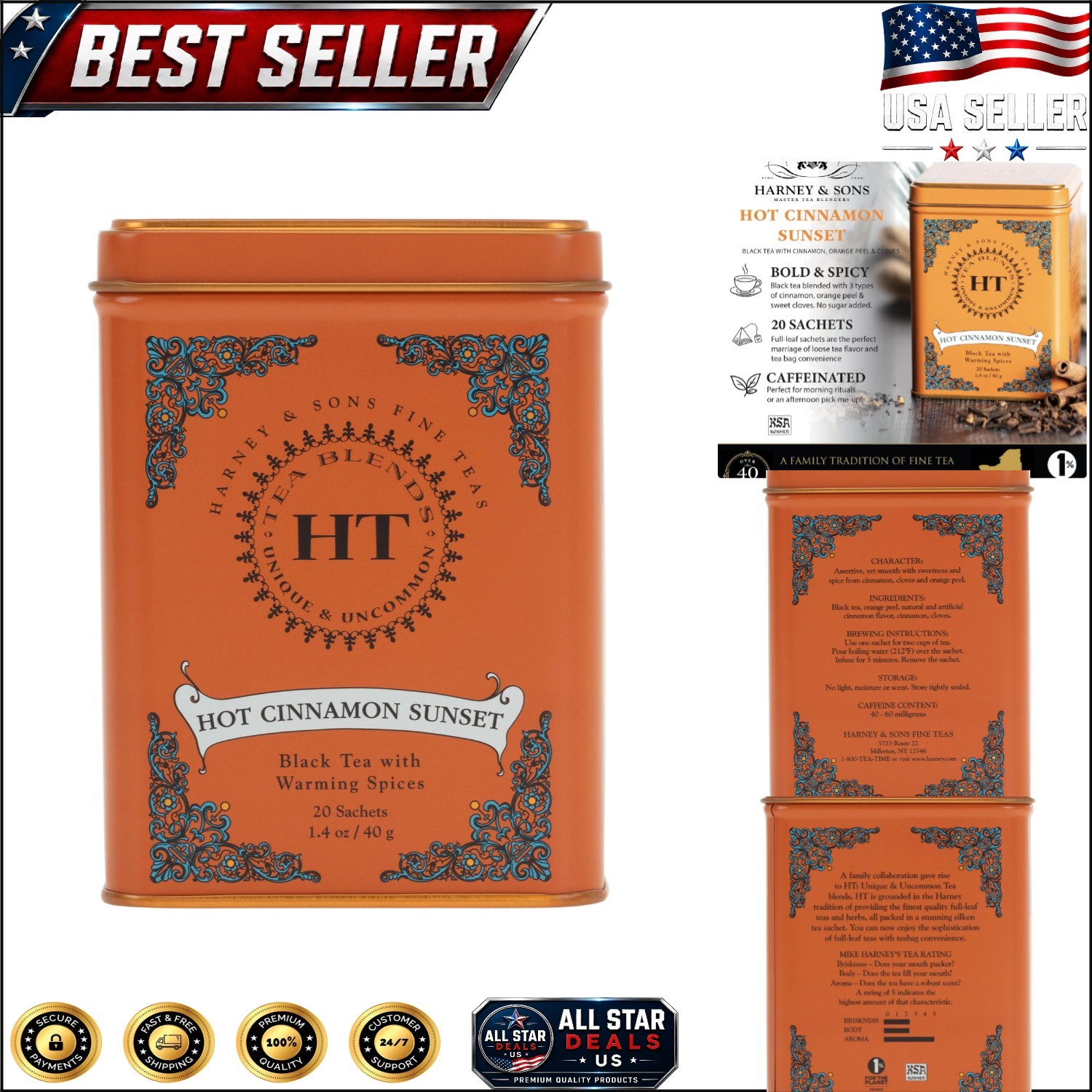 Gourmet Hot Cinnamon Sunset Black Tea – Caffeine and Clove Infusion – 20 Bags