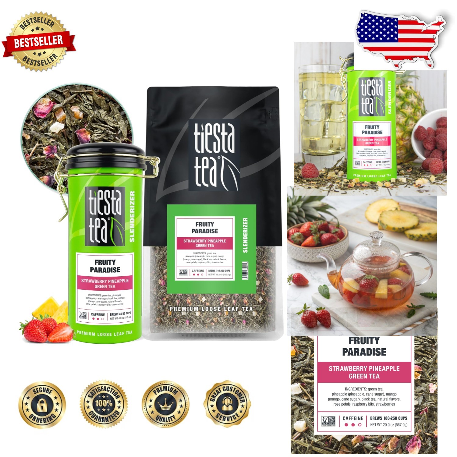 Green Tea: Fruity Paradise, Medium Caffeine, Bulk Pouch + Tin