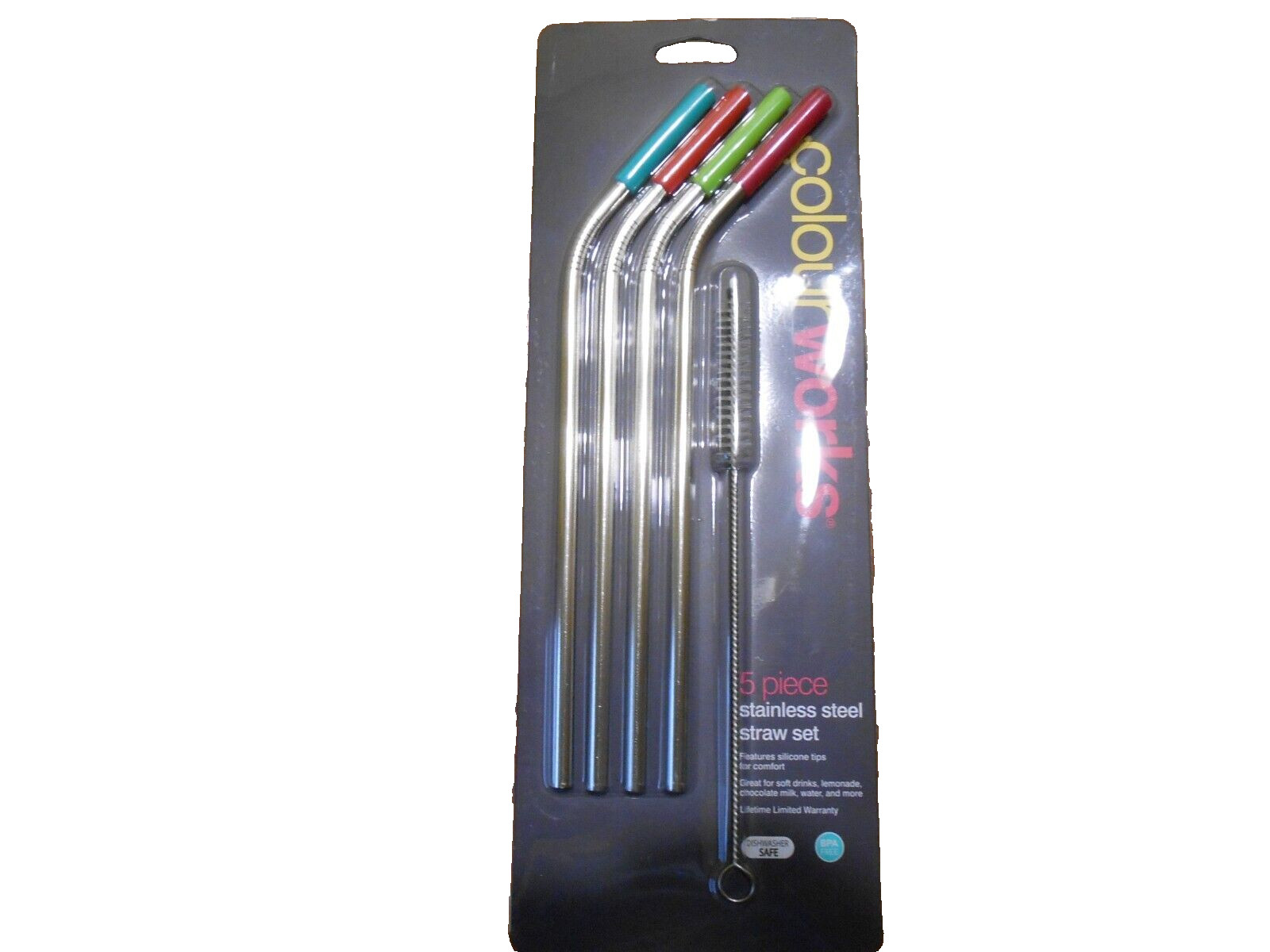 COLOUR WORKS Reusable Stainless Steel Drinking Straw Set (4 Straws/1 Brush) NIP