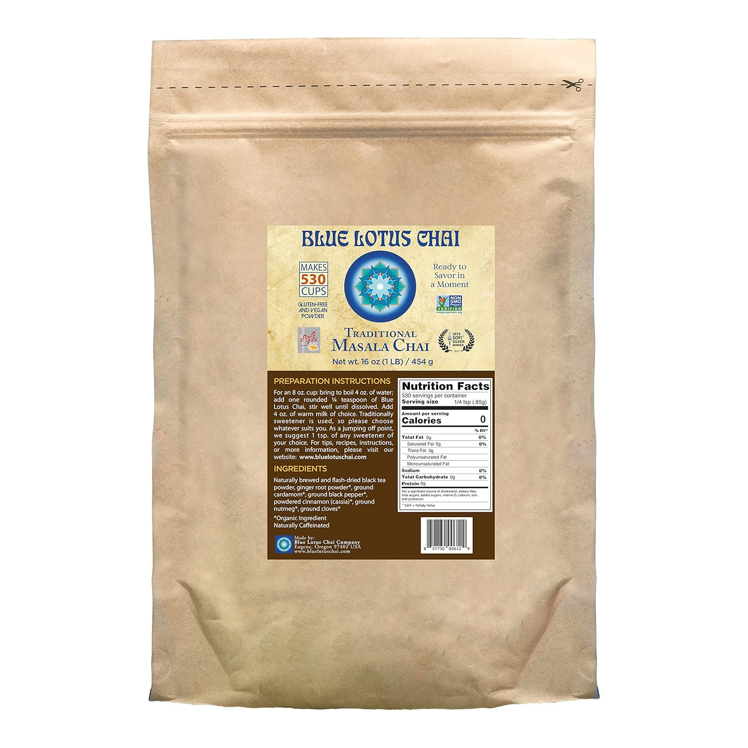 Blue Lotus Masala Chai – 1 lb Instant Tea Mix – 530 Cups – Organic Spices