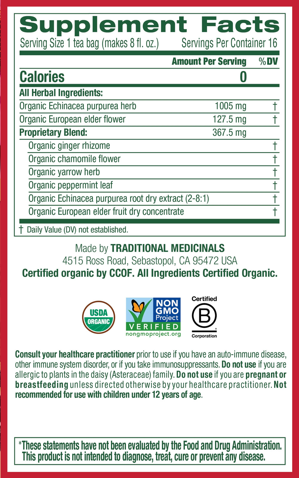 Traditional Medicinals, Organic Echinacea Elder 16 Tea Bags