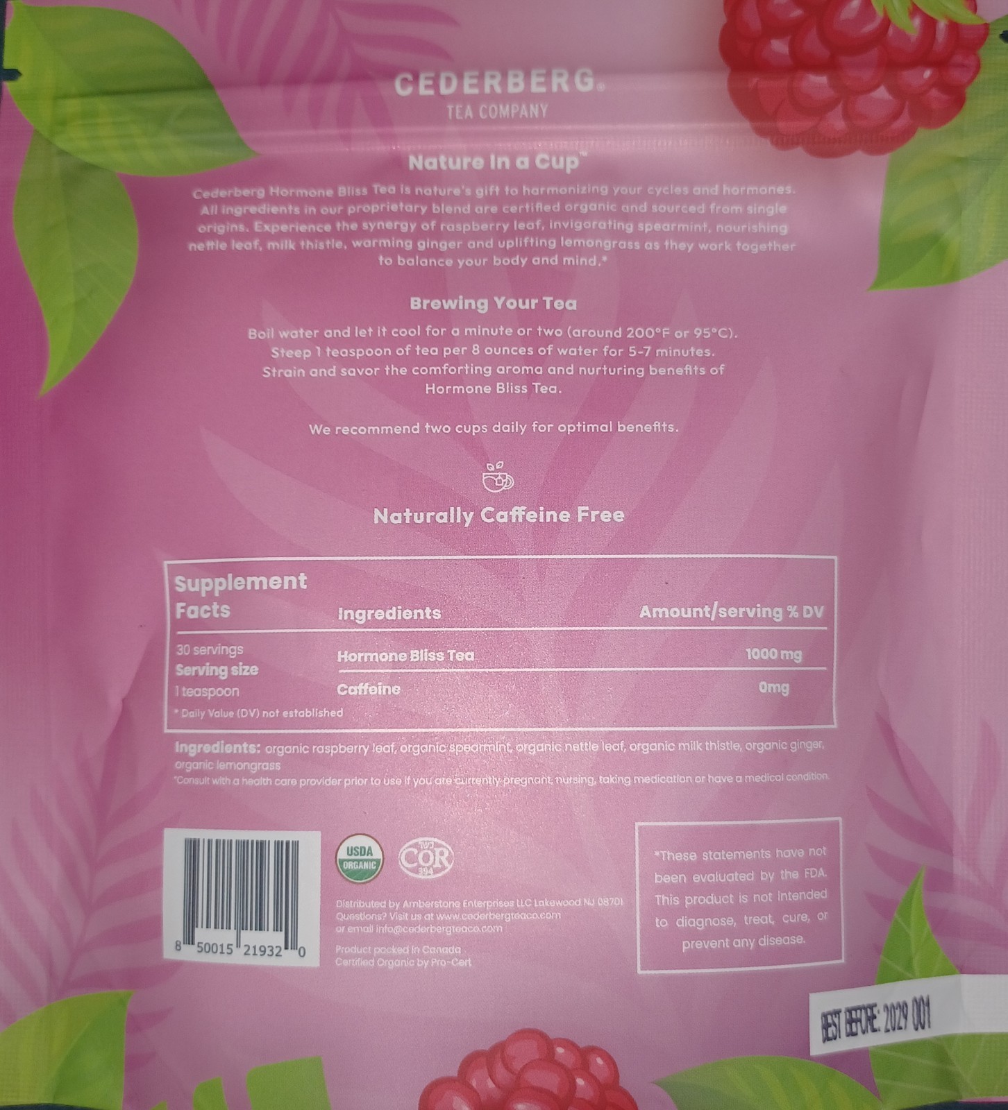 2 PACK Cederberg Hormone Bliss Tea Balance for PCOS Organic Raspberry Loose Leaf