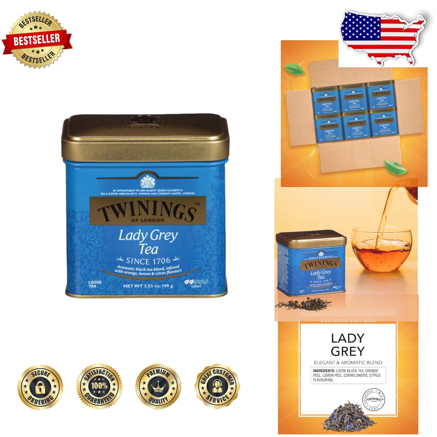 Value Pack Lady Grey Loose Black Tea 6x 3.53oz Tins, Citrus Infused, Caffeinated