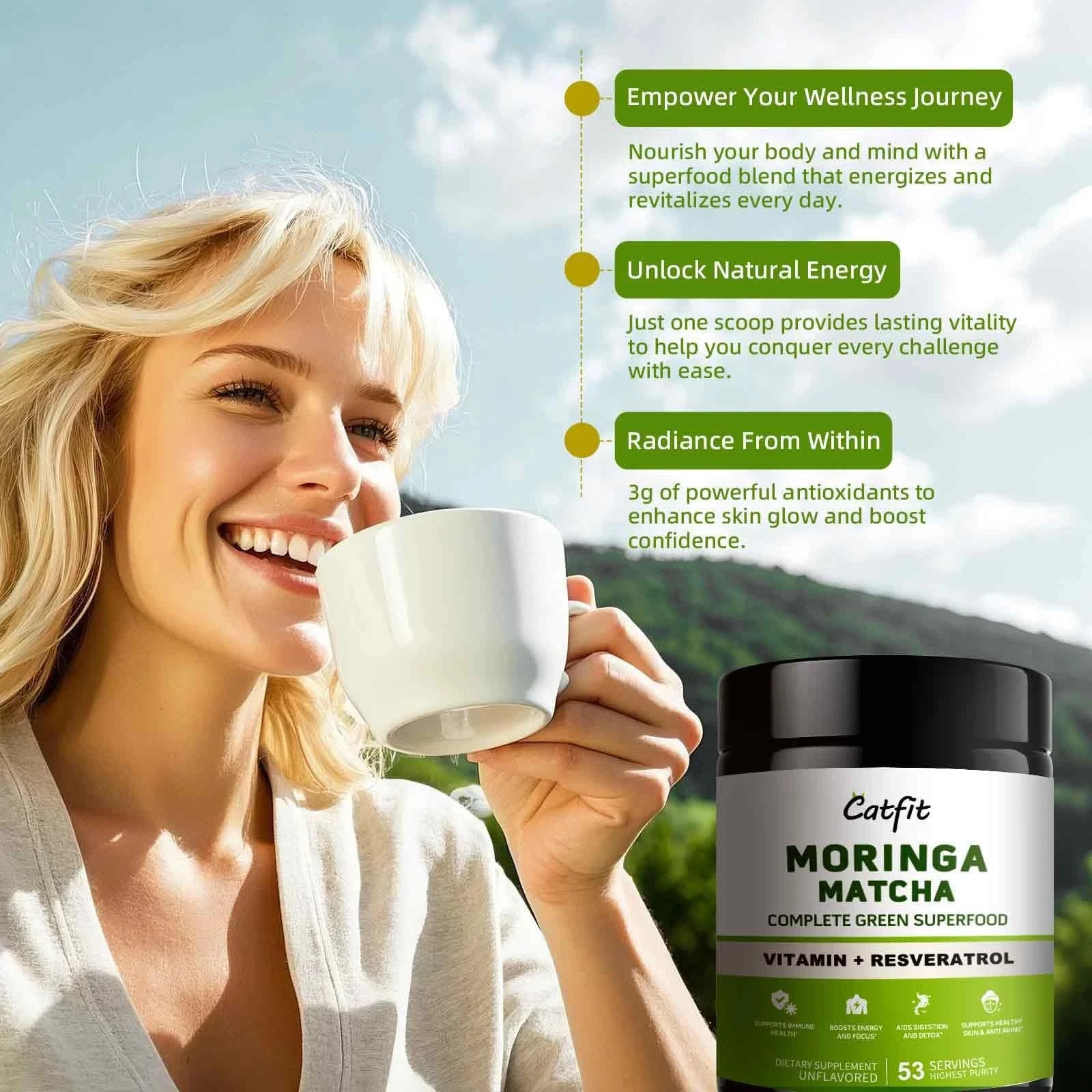 Catfit Matcha Powder with Moringa Green Tea and Resveratrol 4-in-1 Superfood …