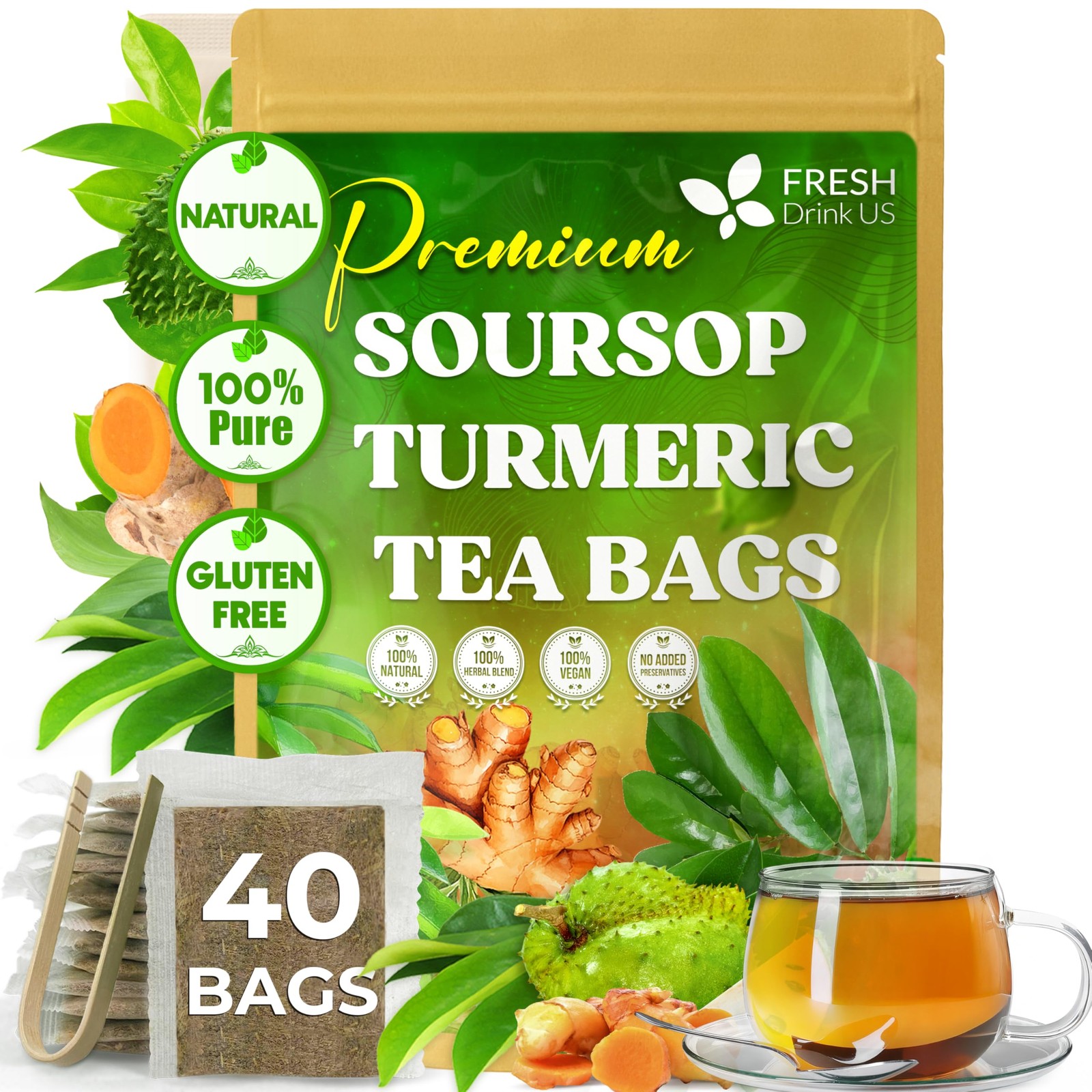 , Premium 40 Soursop Turmeric Tea Bags, 100% Natural, Blend of Soursop Leaves…