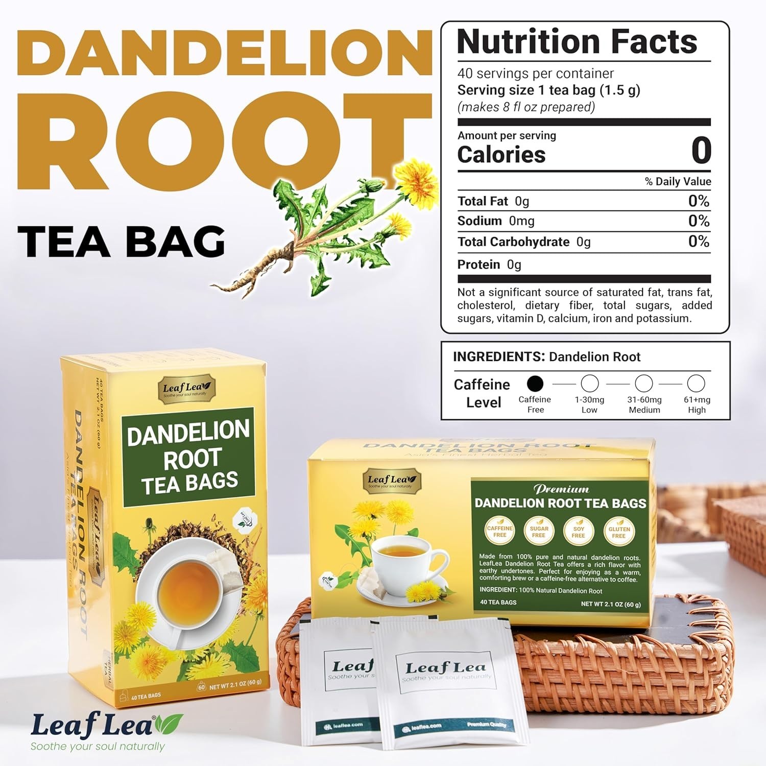 40 Count Dandelion Root Tea Bags – Earthy Flavor, Hand-Harvested Quality