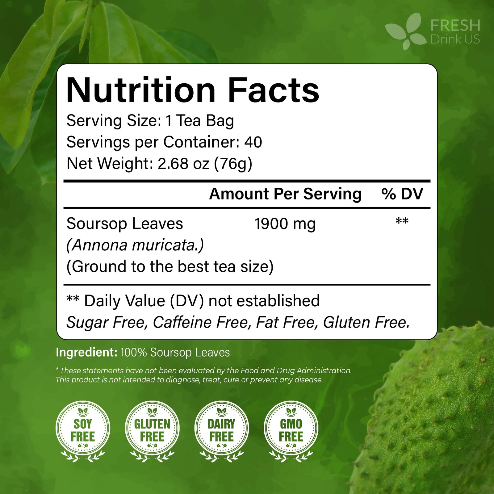 40 Premium Soursop Graviola Leaf Tea Bags, 100% Natural and Pure from Soursop Le