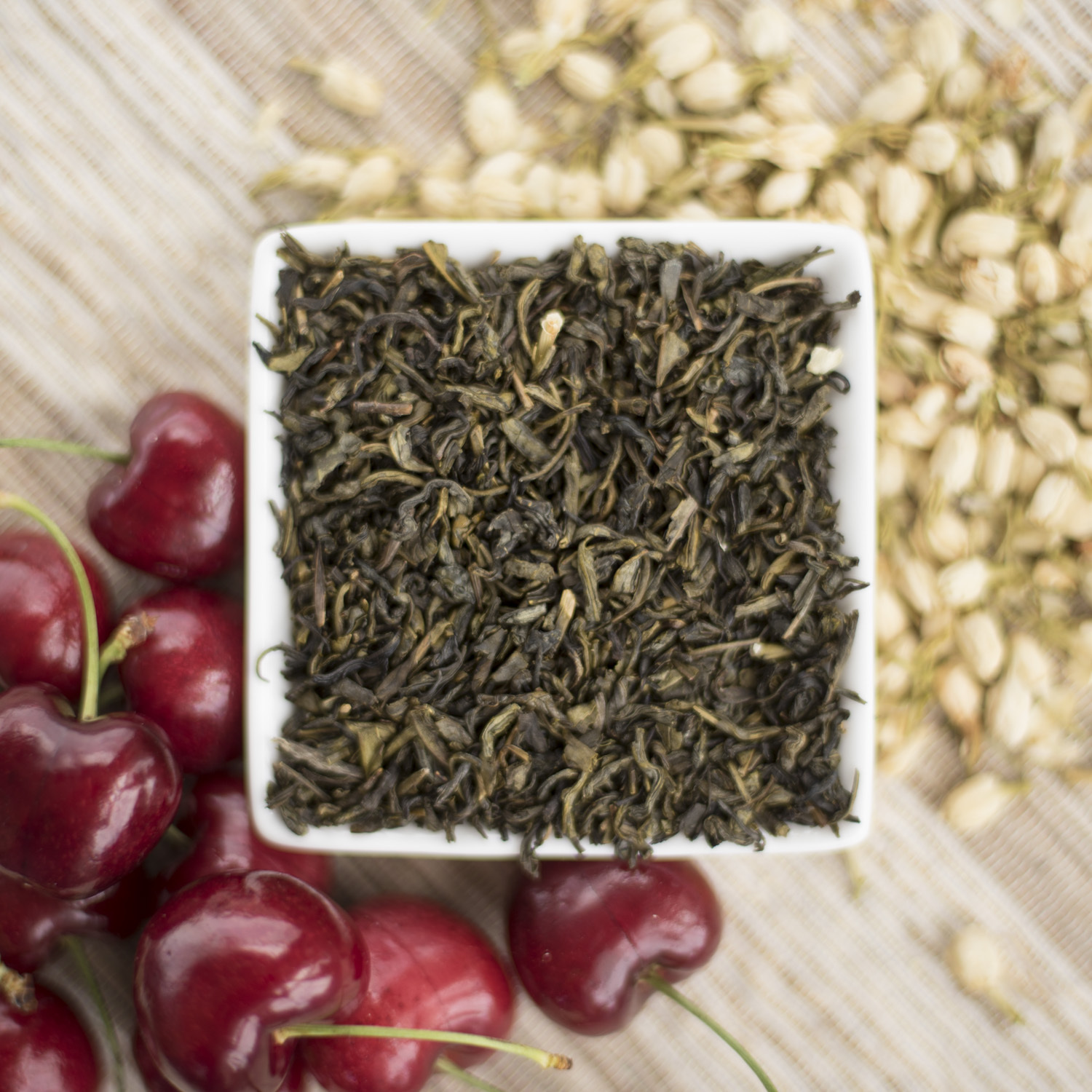Cherry Jasmine Green Tea Organic available in loose leaf, tea bags, ice tea brew