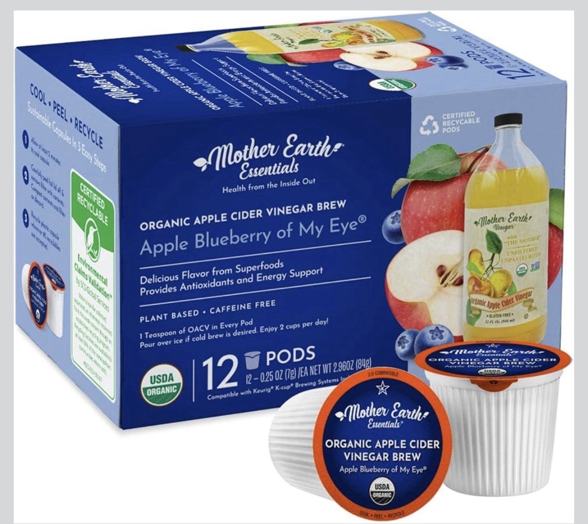 Mother Earth Organic Apple Cider Vinegar Blueberry 12 Pods Caffeine Free