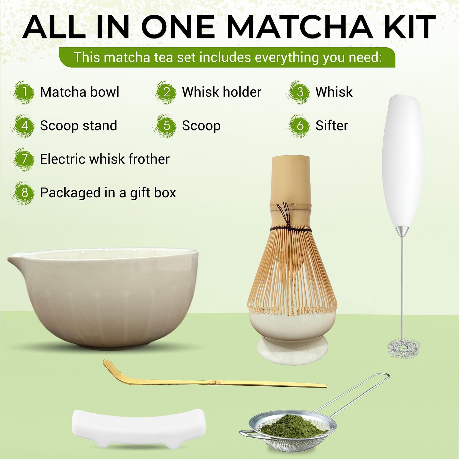 Matcha Whisk Set with Matcha Bowl – Matcha Set Included Electric Frother, Bam…