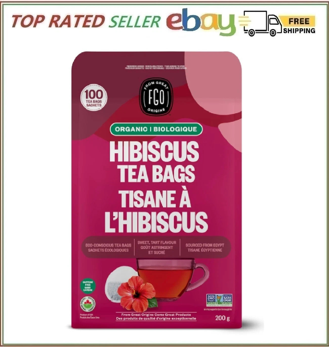 FGO Organic Hibiscus Tea 100 Count Eco-Conscious Tea Bags Caffeine Free