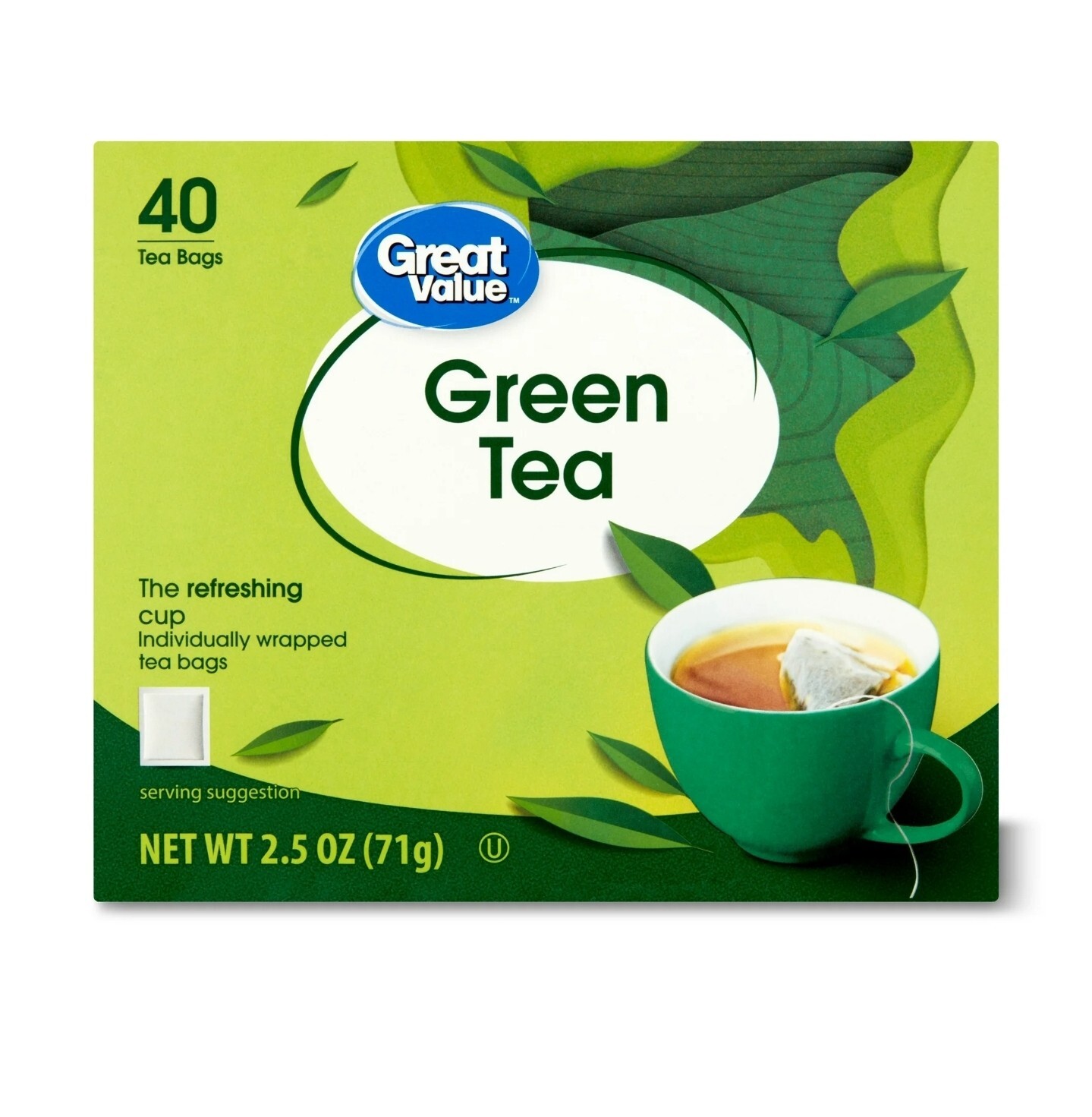 Green Tea Bags, Great Value, 2.5 oz, 40 Count, New