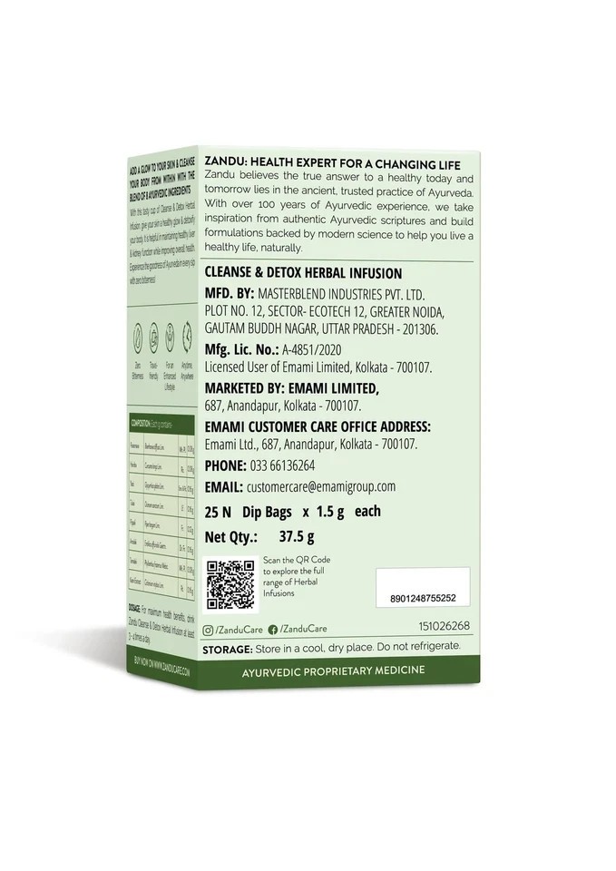 Zandu Cleanse Detox Herbal Green Tea 25 Bags | Skin Glow & Body Detox, 90g