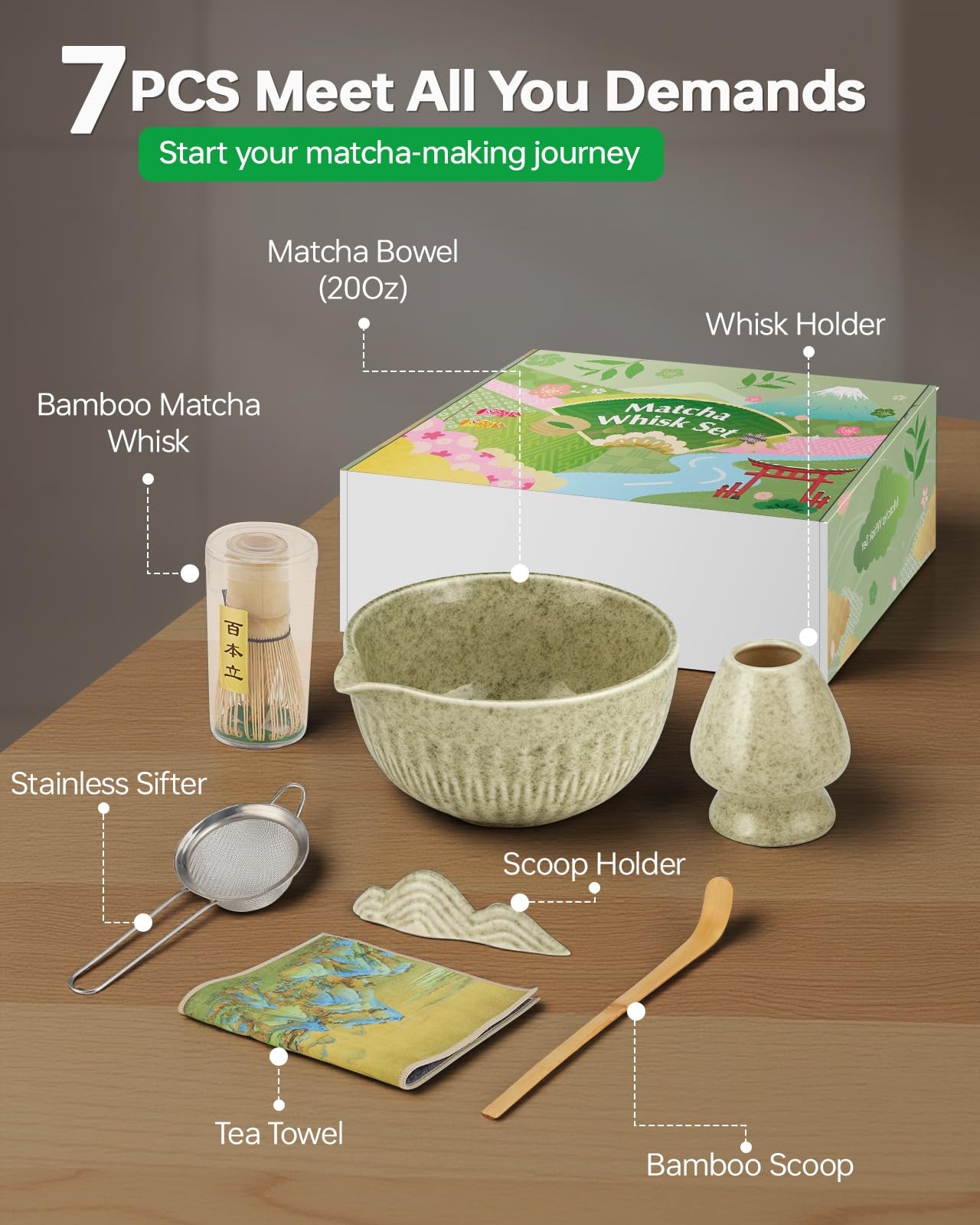 Matcha Whisk Set 7pc 20oz Bowl Sifter Tea Towel Ceremony Tea Kit
